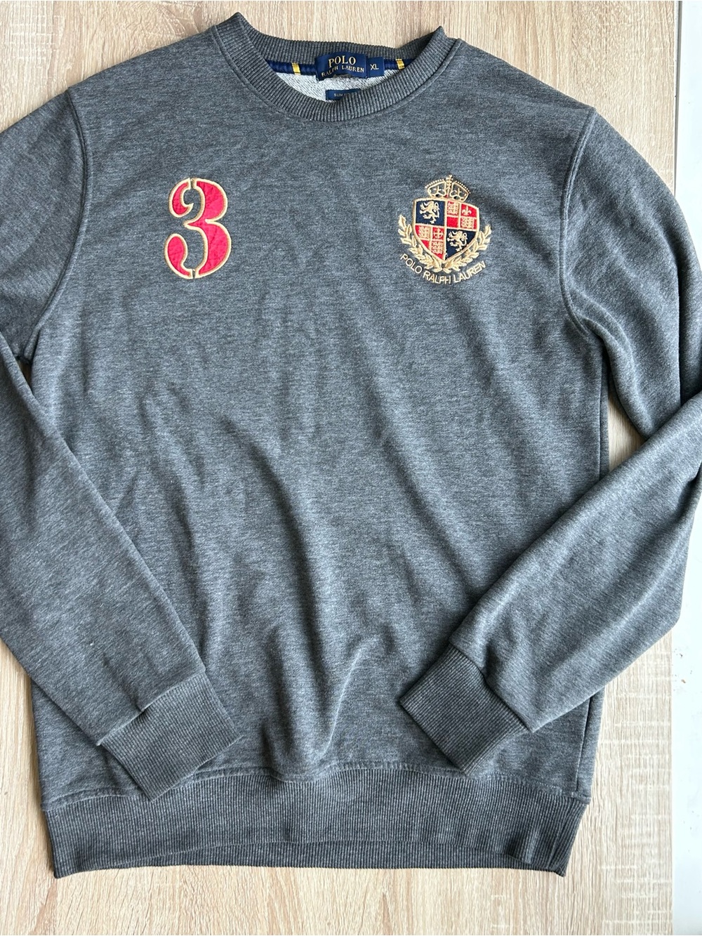 Polo by Ralph Lauren Charcoal Gray Crewneck with Red Patch & Gold Crest